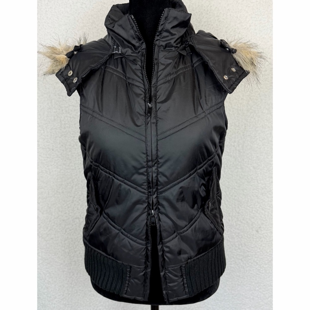(VTG) FOREVER 21 • Black/Tan Y2K Quilted Zip-Up Vest w/ Faux Fur Trimmed Hood, S - Picture 10 of 15